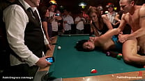 Bent over pool table dirty legs brunette slave Aria Aspen gets pussy rough fucked by big cock Mr Pete in public bar in front of crowd
